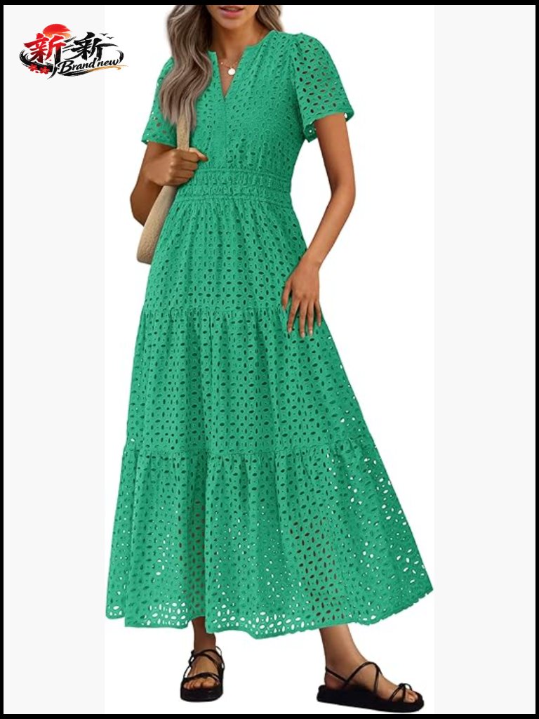 Short Sleeve V Neck Eyelet A Line Maxi Dress